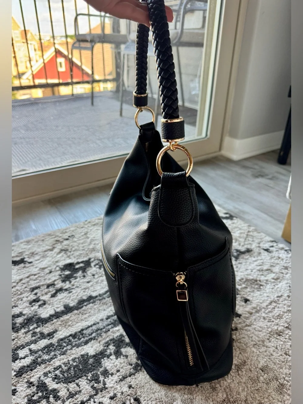 Black Braided Handle Hobo Bag